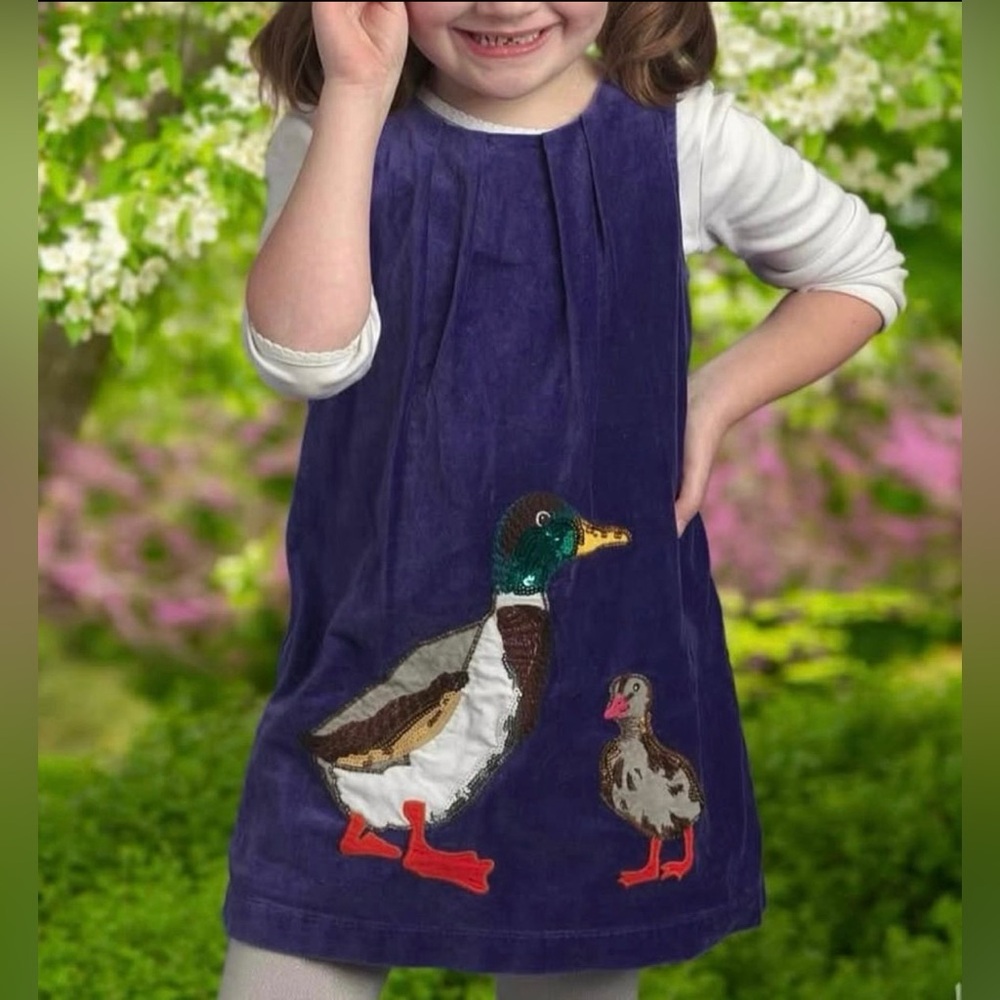 Mini Boden Purple Velvet Mallard Pinafore Dress and Shoes